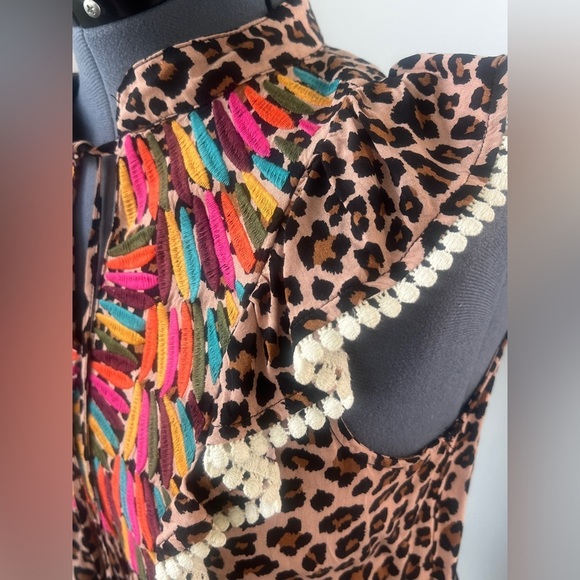 THML Boho Leopard Print Embroidered Tassel Top Sz S Ruffle Sleeve Festival Chic - Picture 5 of 16